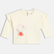 Girls Cotton Full Sleeves Cartoon Printed Knit Top - Off White