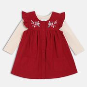 Girls Cotton Sleeveless Floral Embroidered Pinny Set - Beige & Maroon