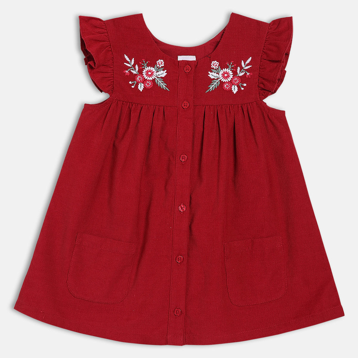 Girls Cotton Sleeveless Floral Embroidered Pinny Set - Beige & Maroon