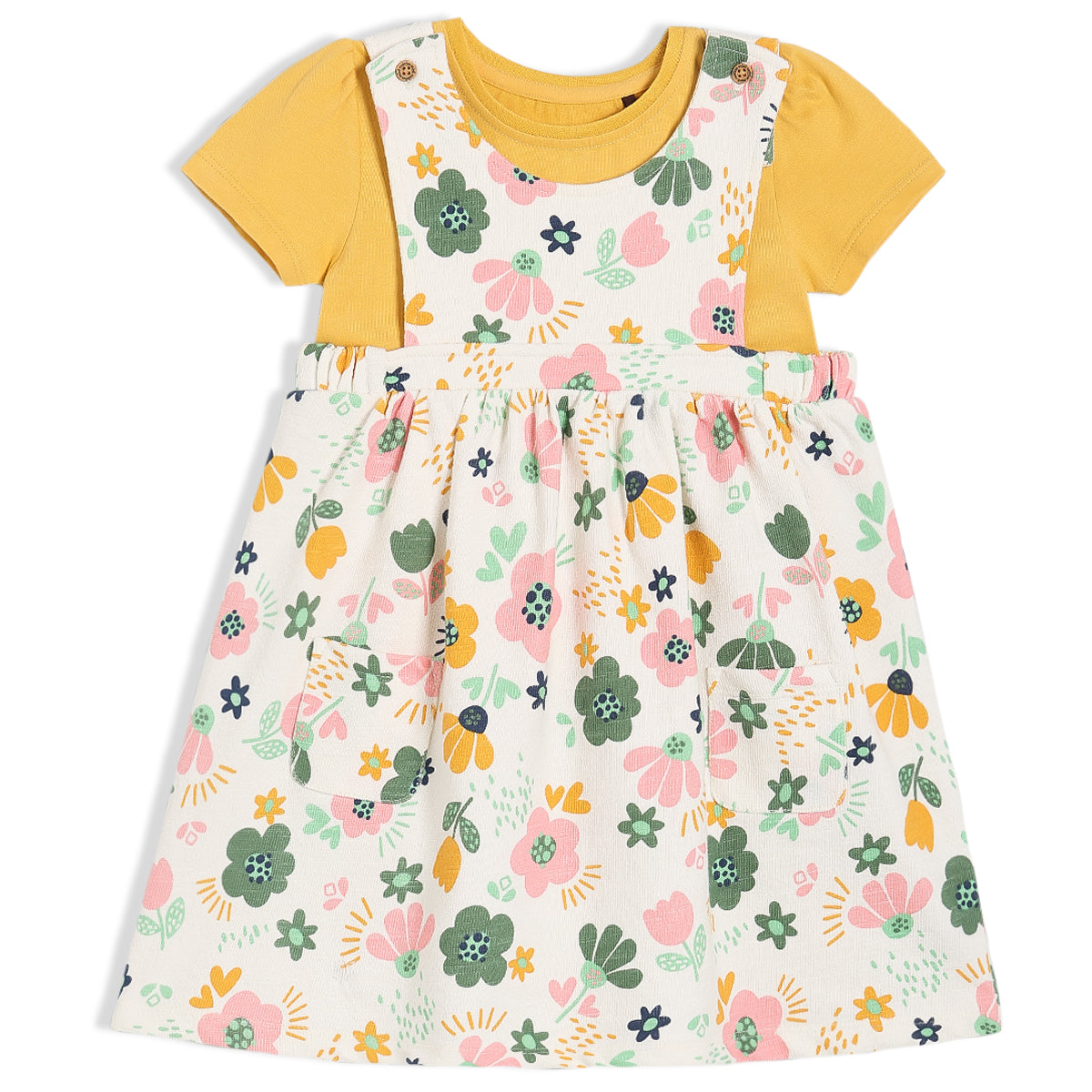 Girls Yellow/White Round Neck Knee Length Pinny Set