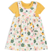 Girls Yellow/White Round Neck Knee Length Pinny Set