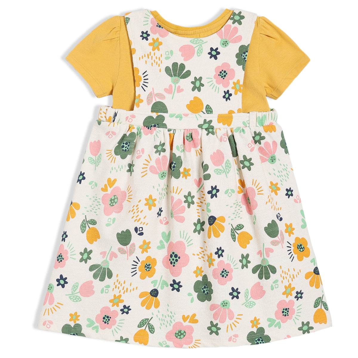 Girls Yellow/White Round Neck Knee Length Pinny Set