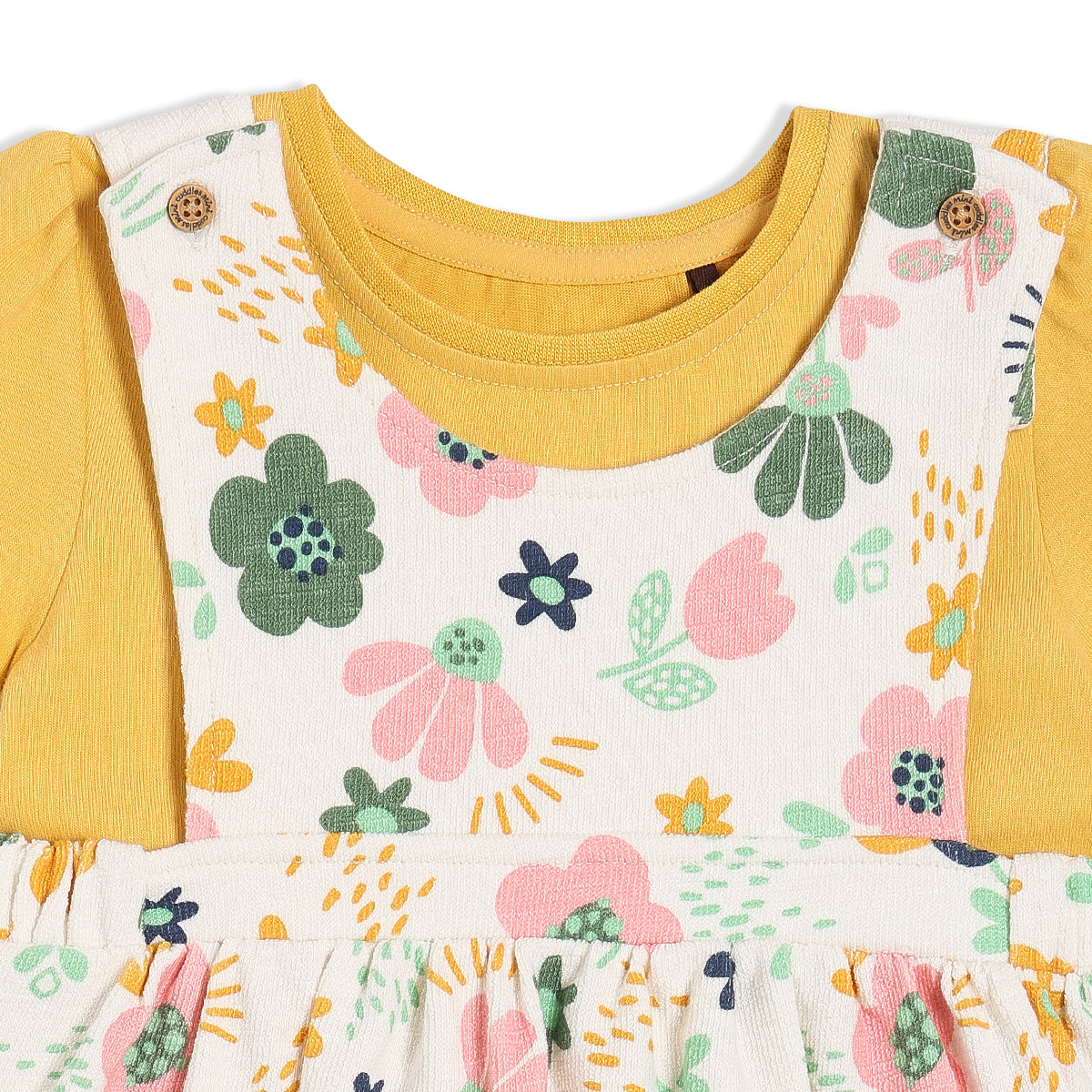 Girls Yellow/White Round Neck Knee Length Pinny Set