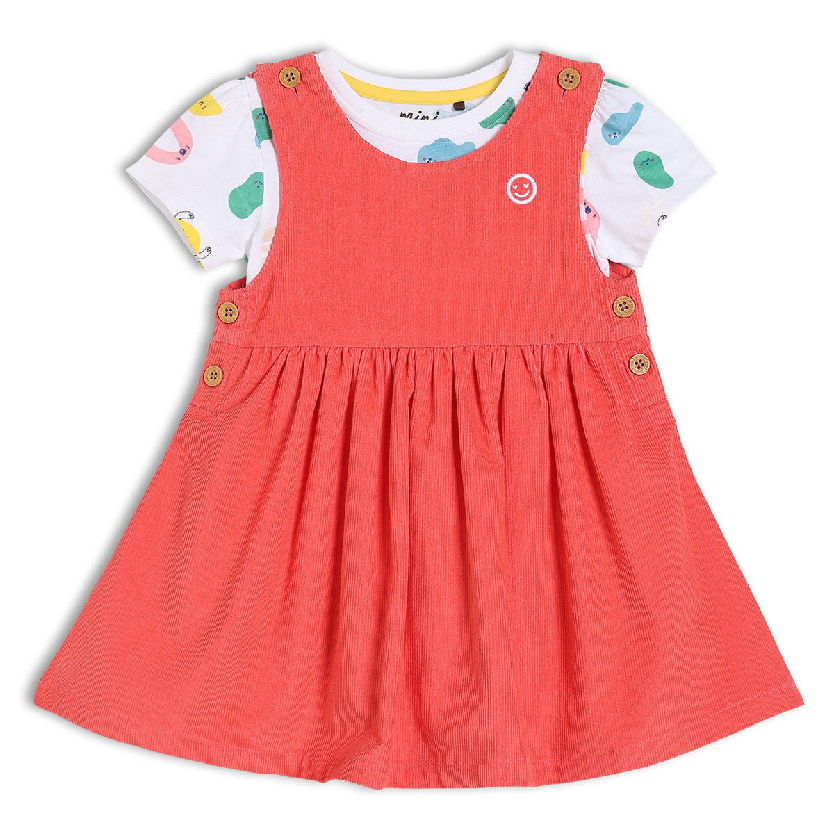 Girls Cotton Printed Pinny Set - Red
