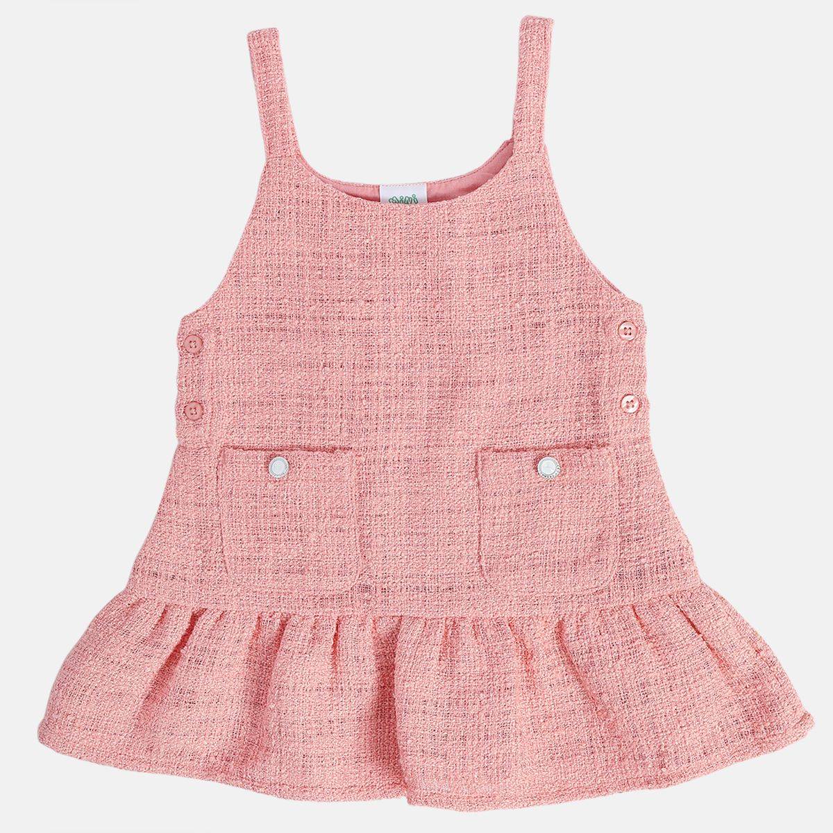 Girls Cotton Sleeveless Solid Pinny Set - Pink