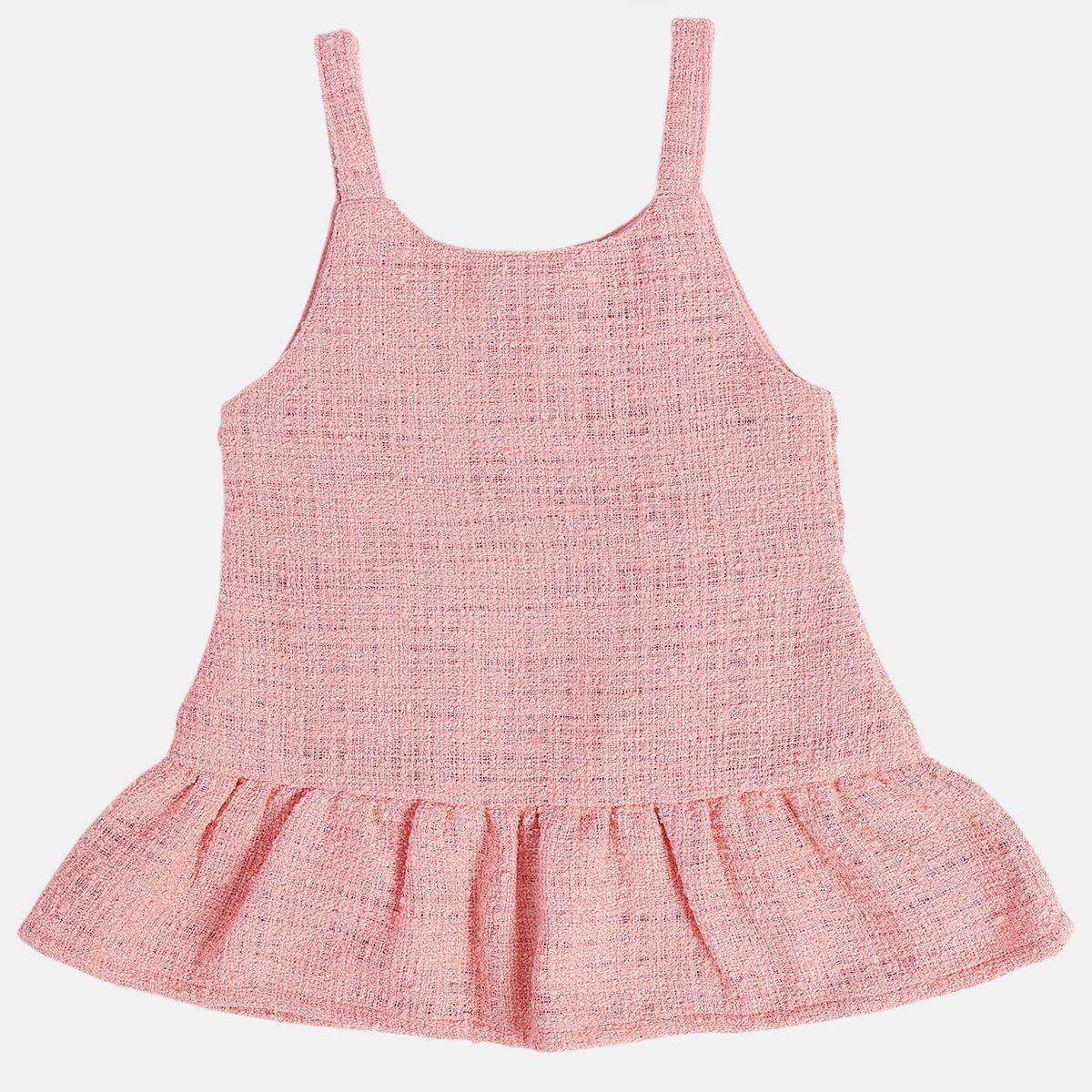 Girls Cotton Sleeveless Solid Pinny Set - Pink