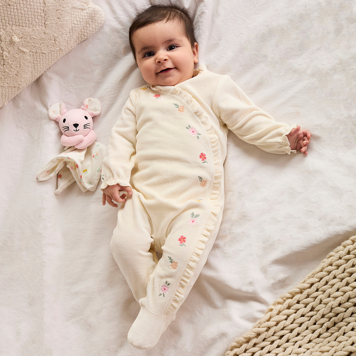 Baby Girls Velour Embroidered Sleepsuit &  Comforter, Cream