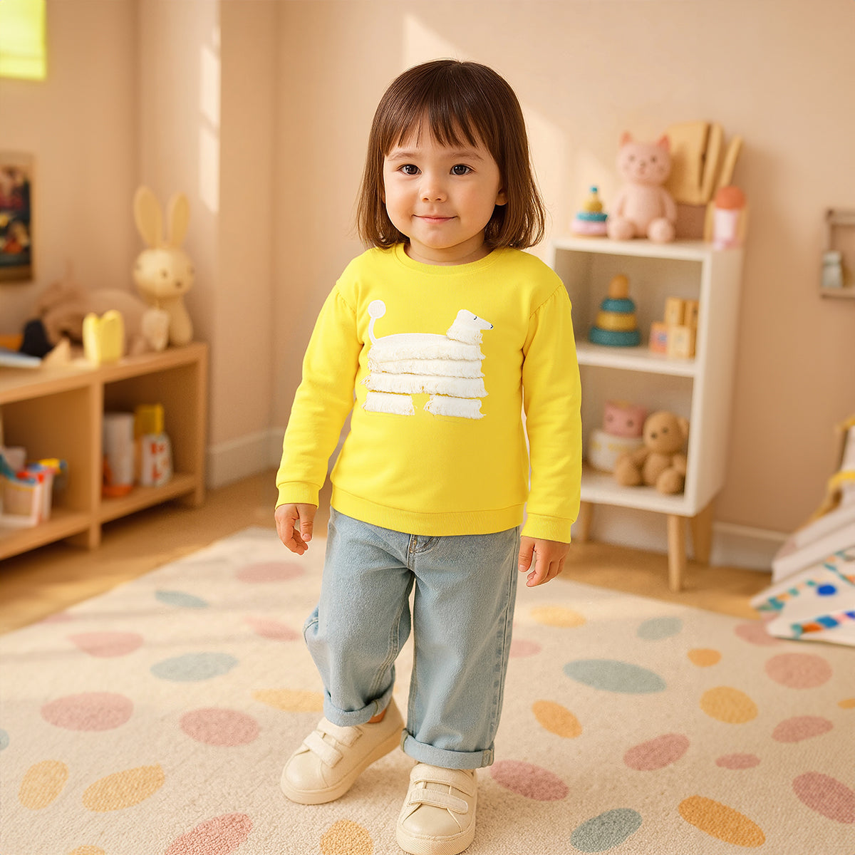 Girls Cotton Full Sleeves Applique Sweatshirt - Yellow