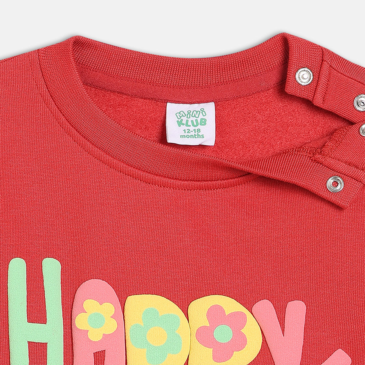 Girls Cotton Full Sleeves Text Printed Sweatshirt - Red