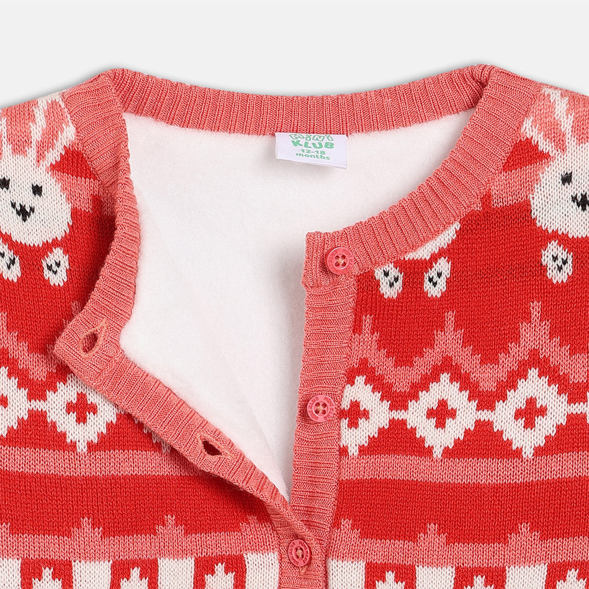 Girls Full Sleeves Cartoon Printed Sweater - Red