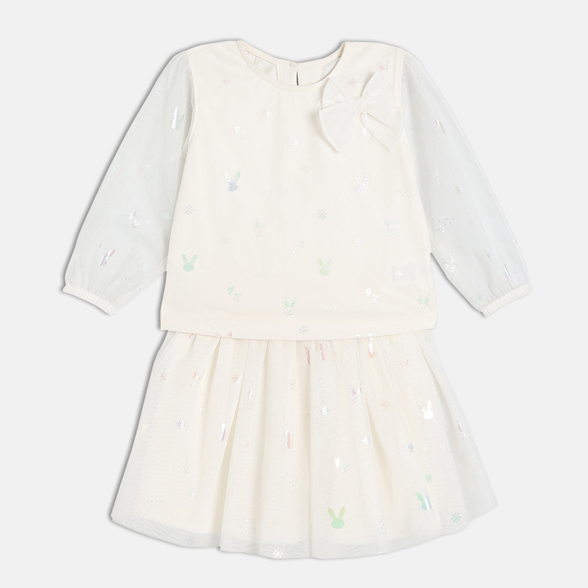 Girls Cotton Full Sleeves Animal Printed Top With Skirt - White