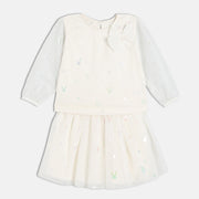 Girls Cotton Full Sleeves Animal Printed Top With Skirt - White