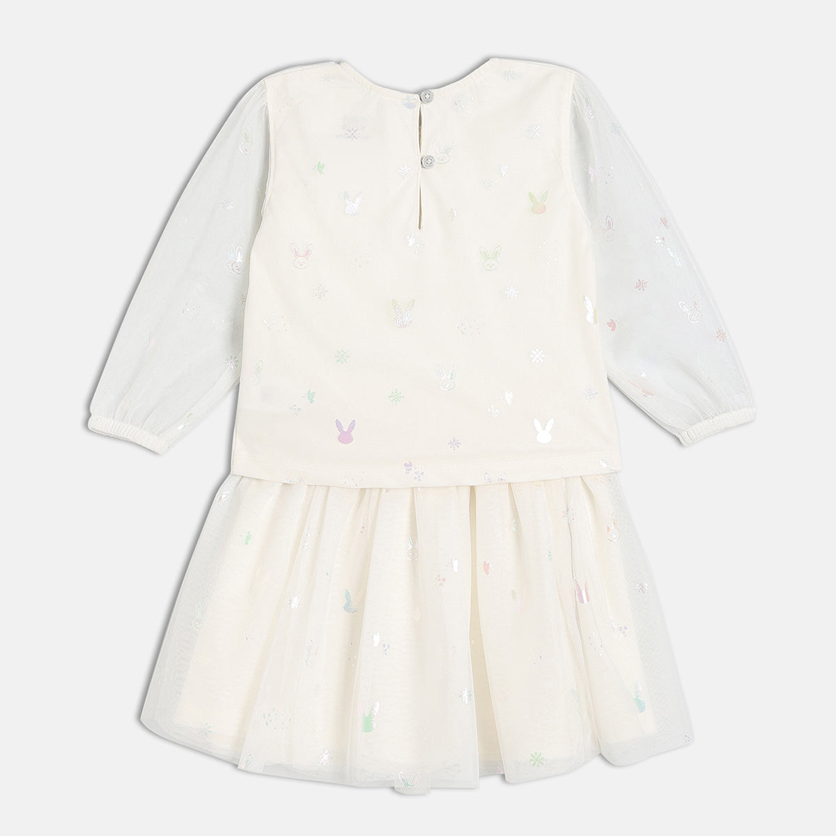 Girls Cotton Full Sleeves Animal Printed Top With Skirt - White