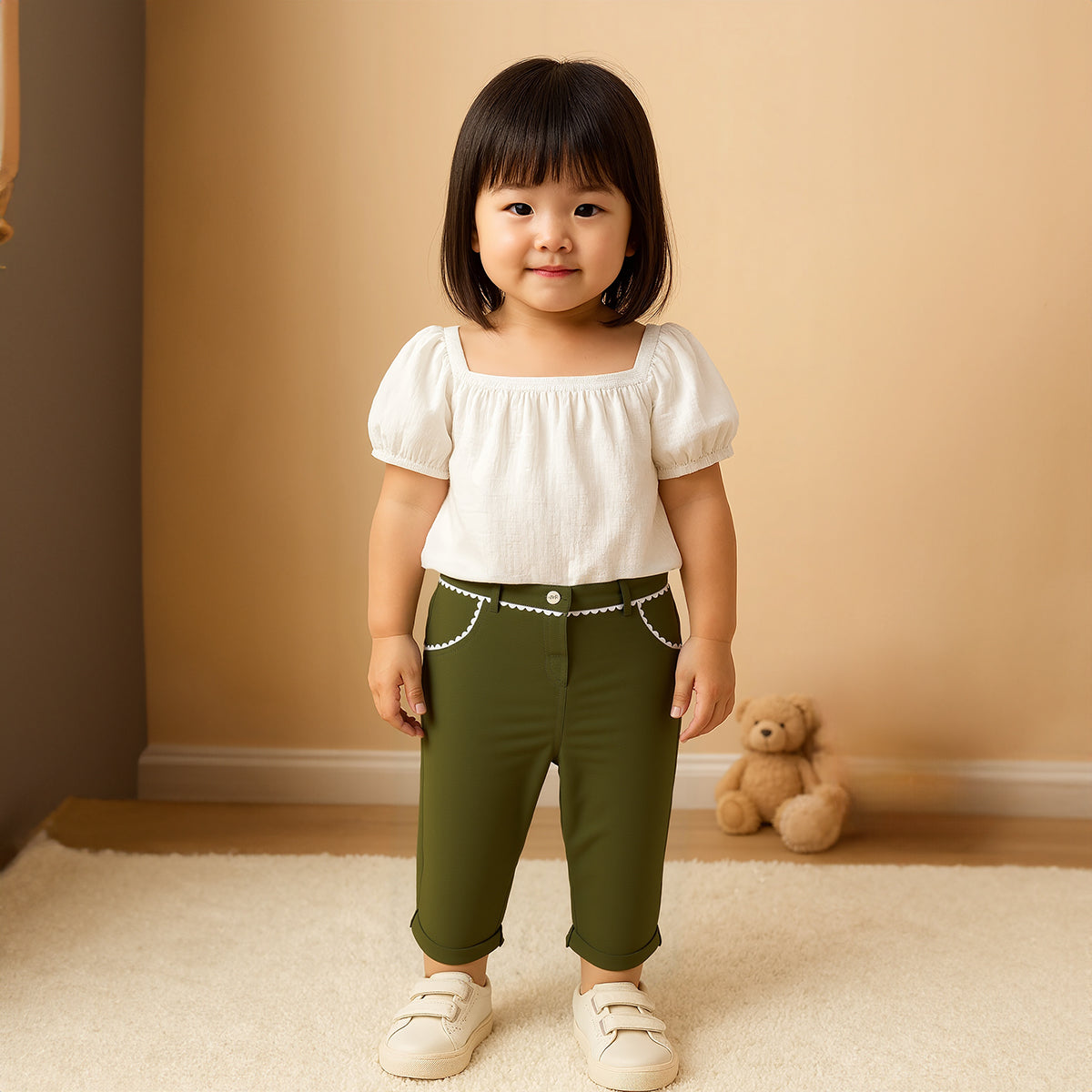 Baby Girls Woven Pants, Olive Green