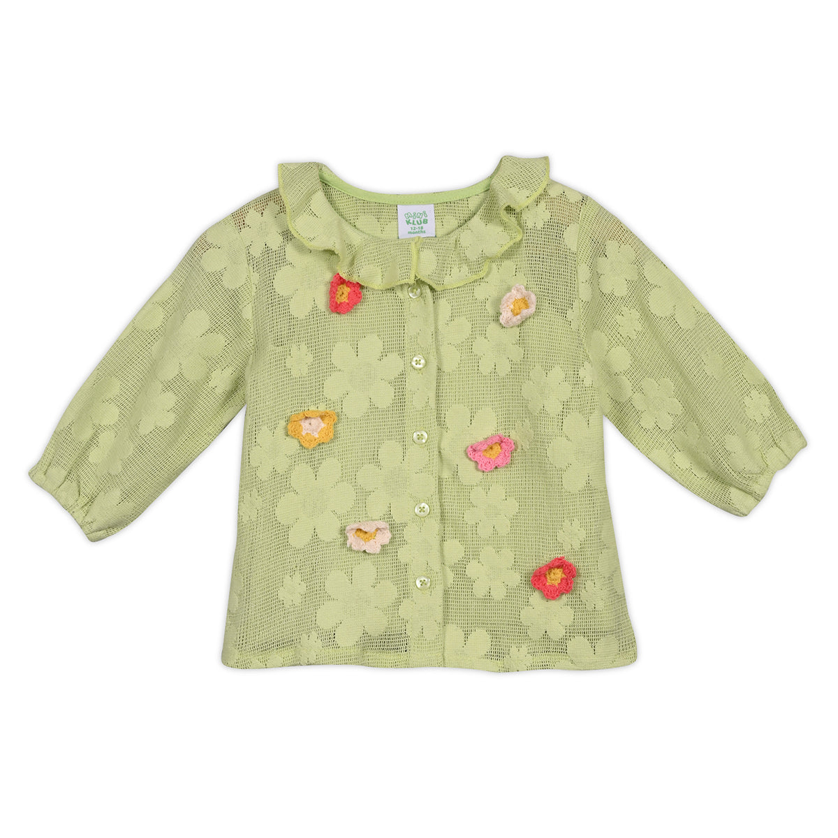 Girls Full Sleeves Floral Embroidered Top - Green