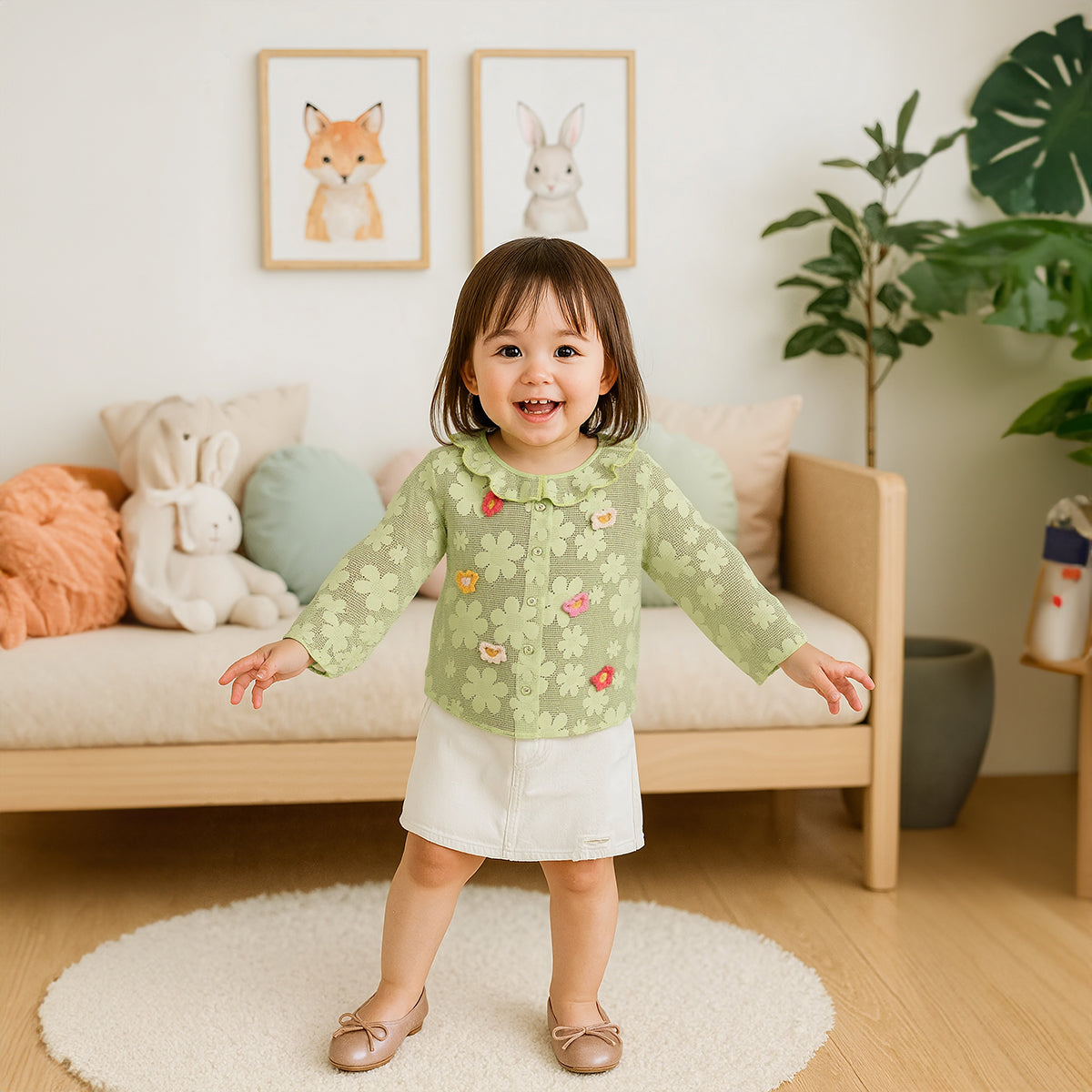 Girls Full Sleeves Floral Embroidered Top - Green