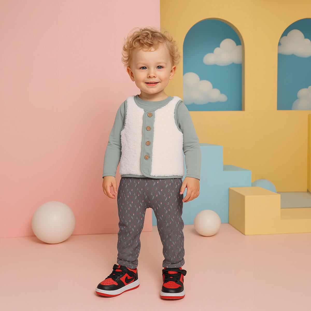 Baby Unisex Sprig Printed Dungaree 3 piece Set, Multicolor