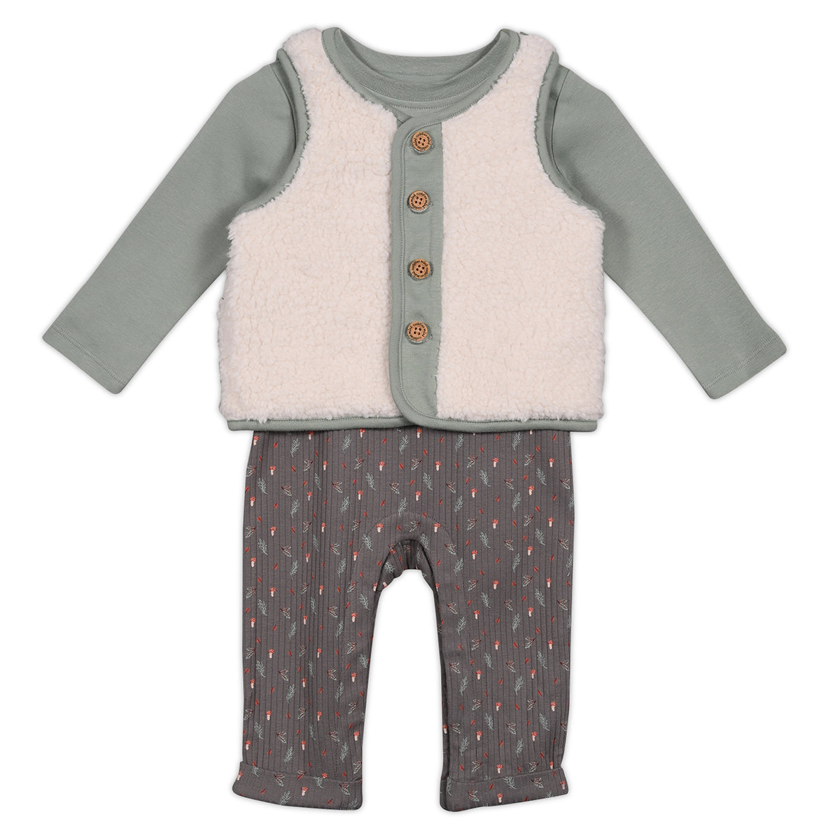Baby Unisex Sprig Printed Dungaree 3 piece Set, Multicolor