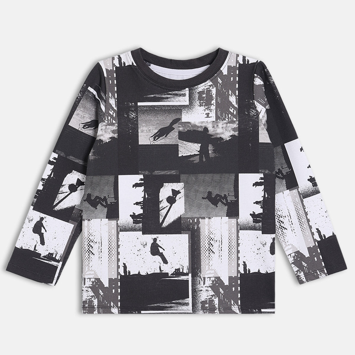 Boys Cotton Full Sleeves Graphic Printed Tee - Black & White