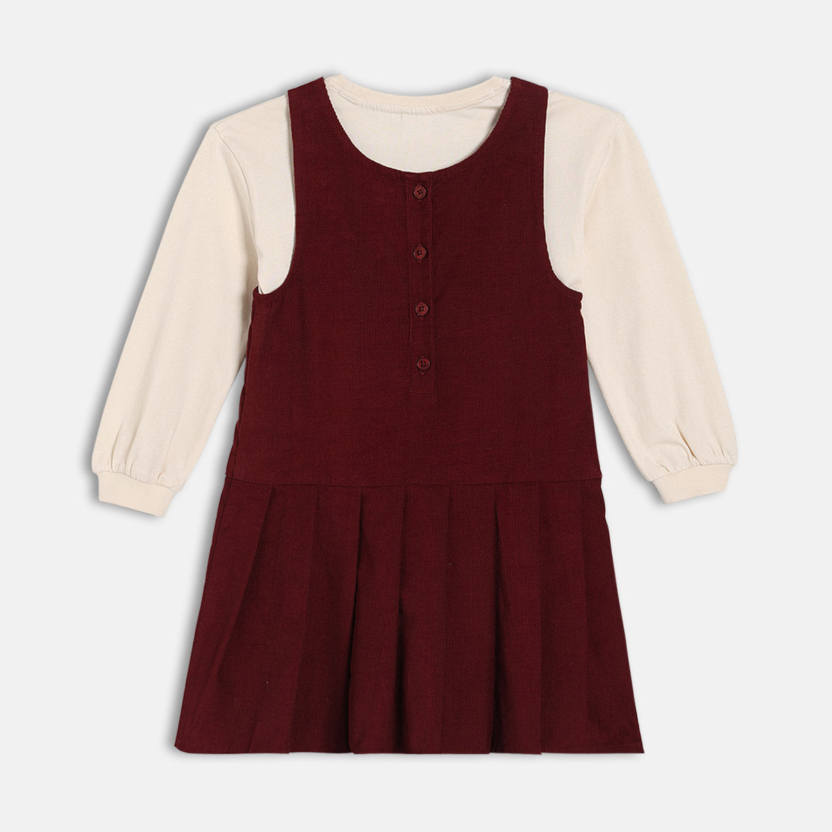 Girls Cotton Full Sleeves Solid Pinny Set - Maroon