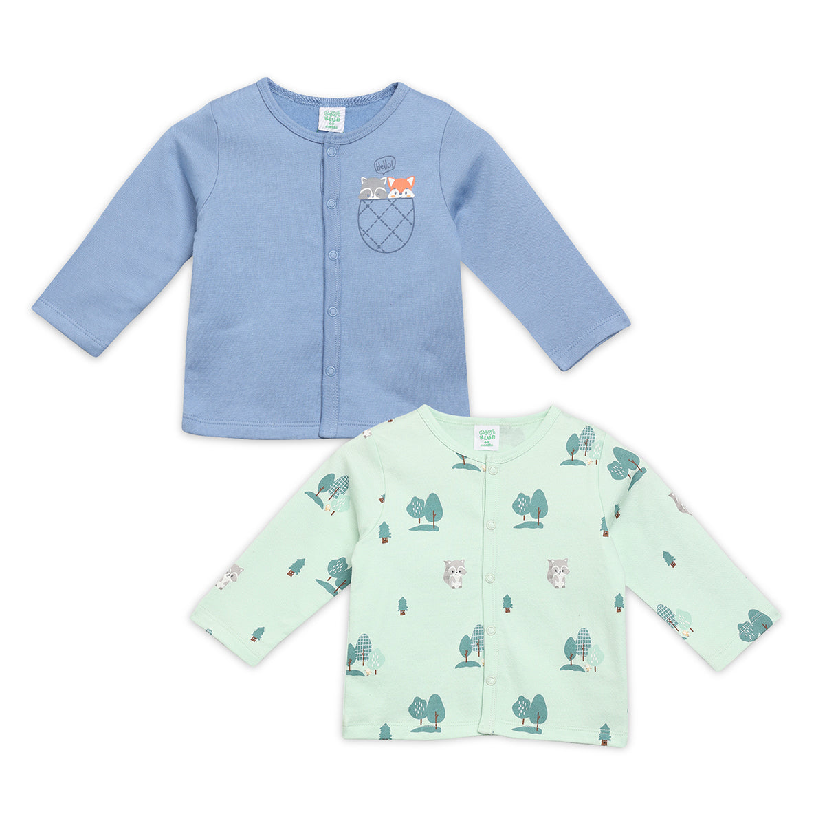 Boys Cotton Pack Of 2 Full Sleeves Animal Printed Front Open Vests - Blue & Green