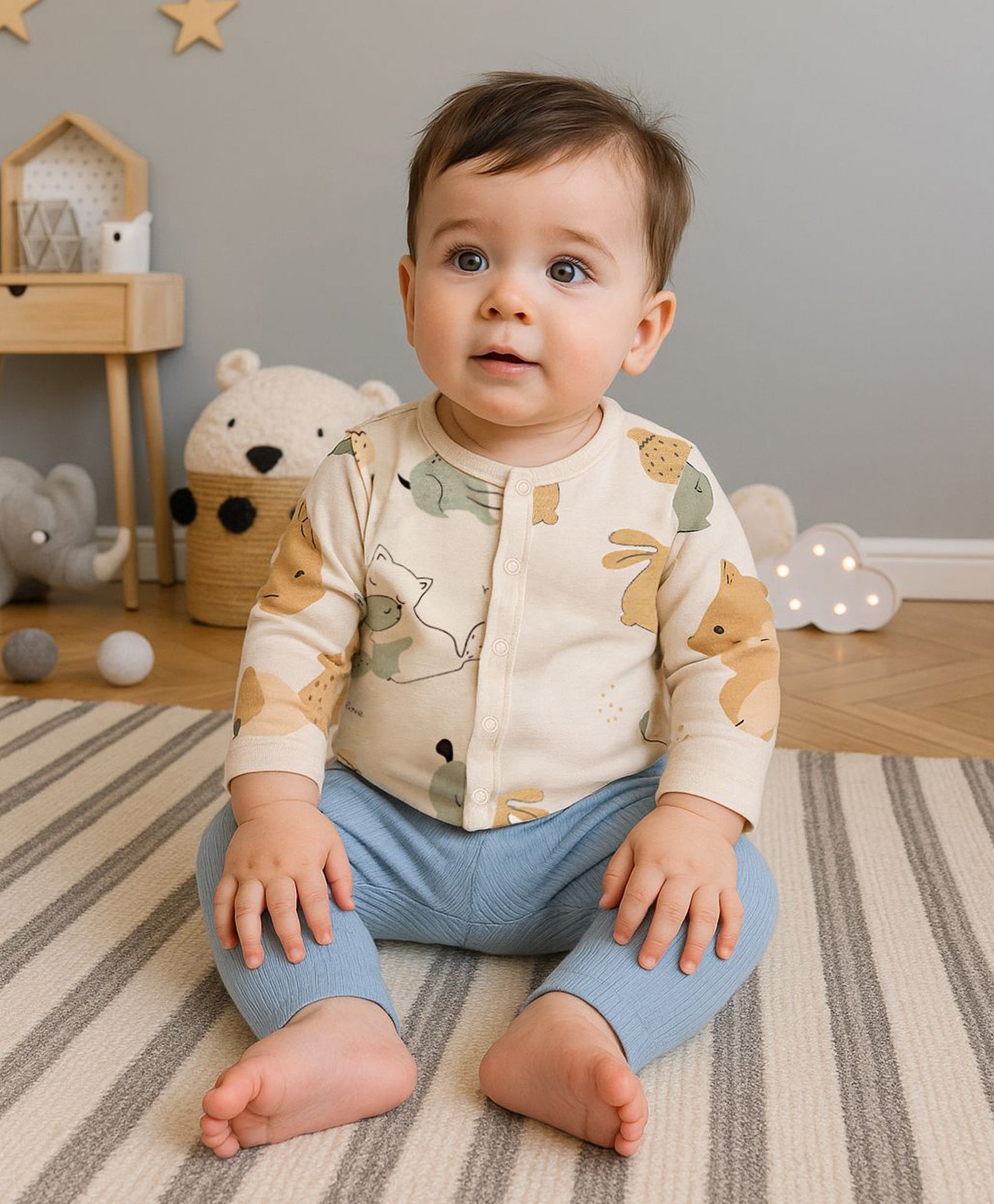 Boys Cotton Pack Of 2 Full Sleeves Animal Printed & Striped Front Open Vests - Navy Blue & Mauve