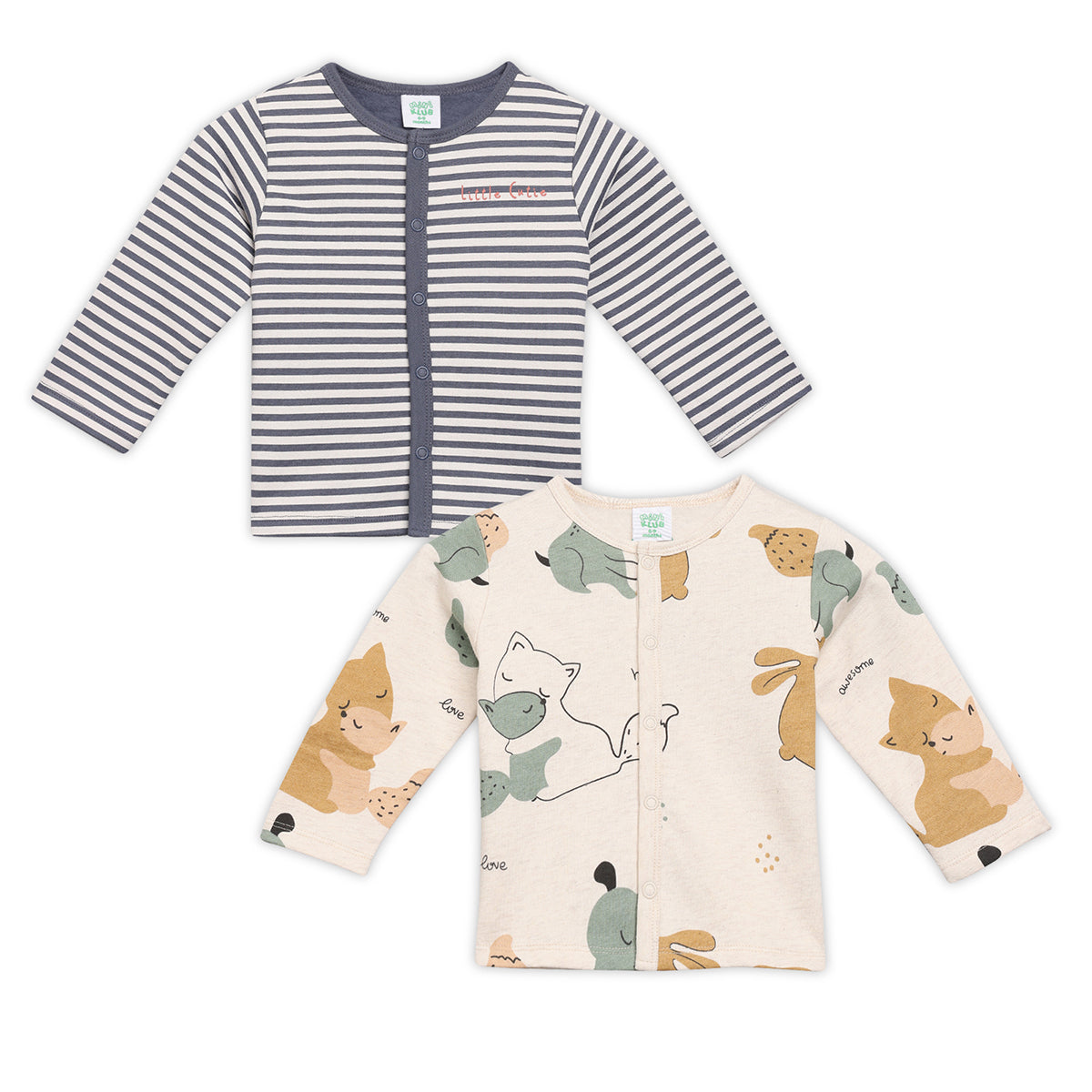 Boys Cotton Pack Of 2 Full Sleeves Animal Printed & Striped Front Open Vests - Navy Blue & Mauve