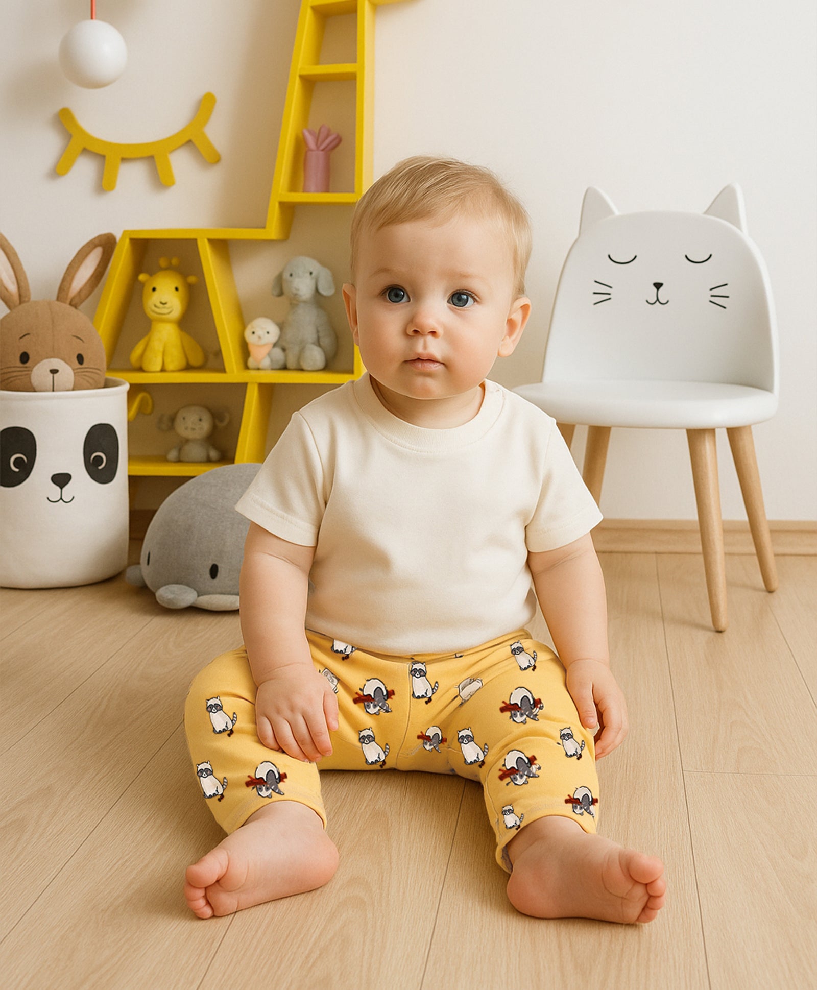 Boys Cotton Pack Of 2 Animal & Geometric Printed Knit Bottoms - Mustard & Olive