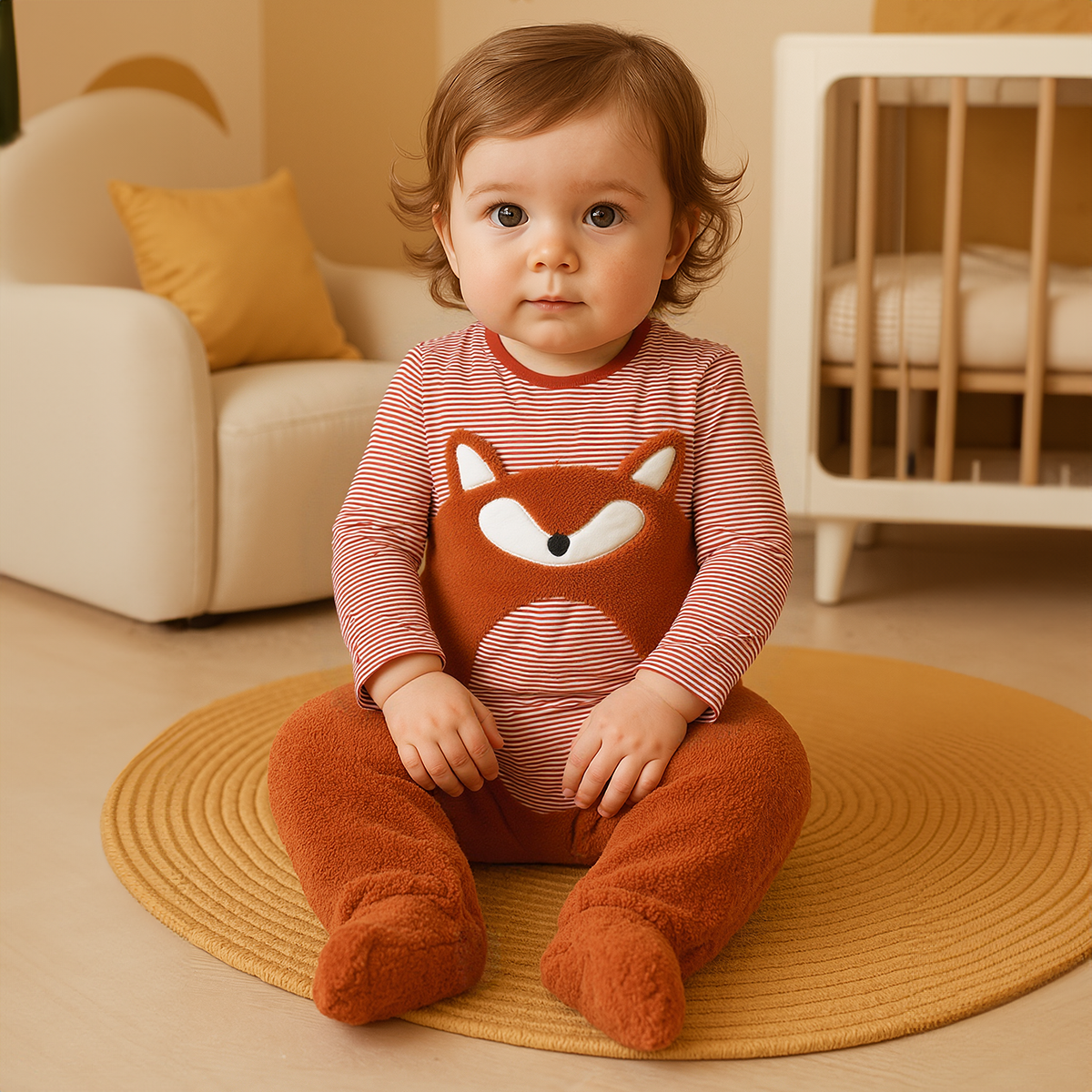 Boys Cotton Full Sleeves Teddy Embroidered Sleepsuit - Brown