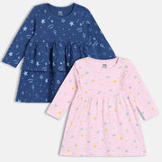 Girls Cotton Pack Of 2 Full Sleeves Star & Planets Printed Dress - Blue & Pink