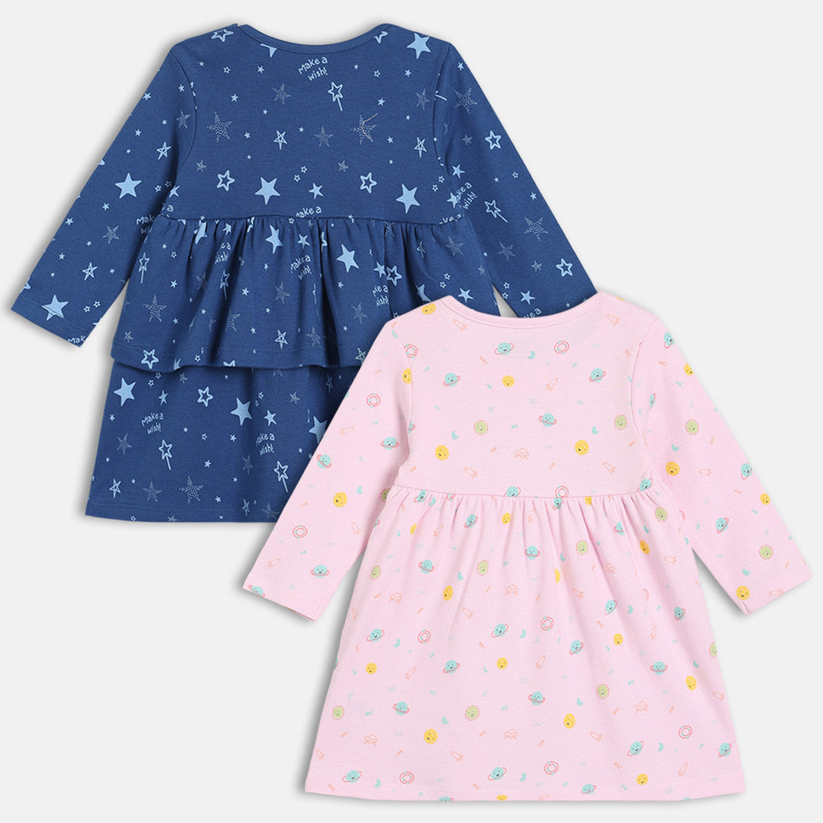 Girls Cotton Pack Of 2 Full Sleeves Star & Planets Printed Dress - Blue & Pink