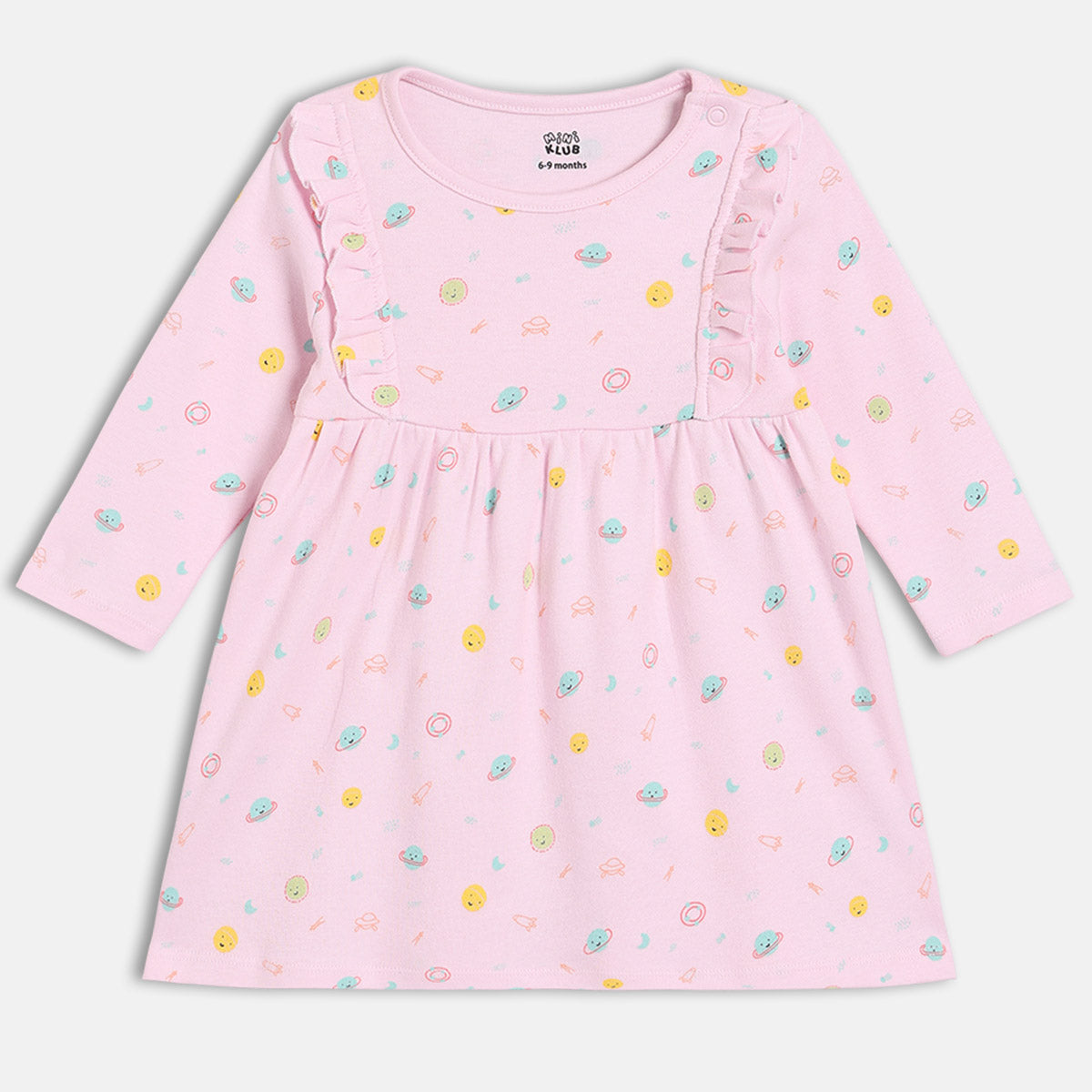 Girls Cotton Pack Of 2 Full Sleeves Star & Planets Printed Dress - Blue & Pink