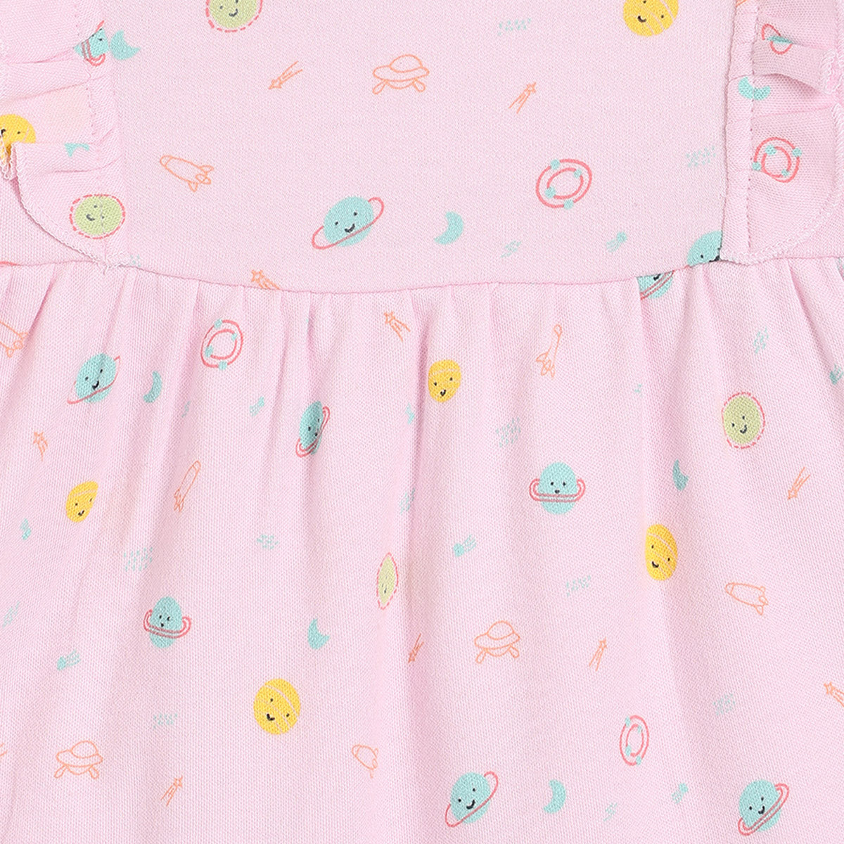 Girls Cotton Pack Of 2 Full Sleeves Star & Planets Printed Dress - Blue & Pink