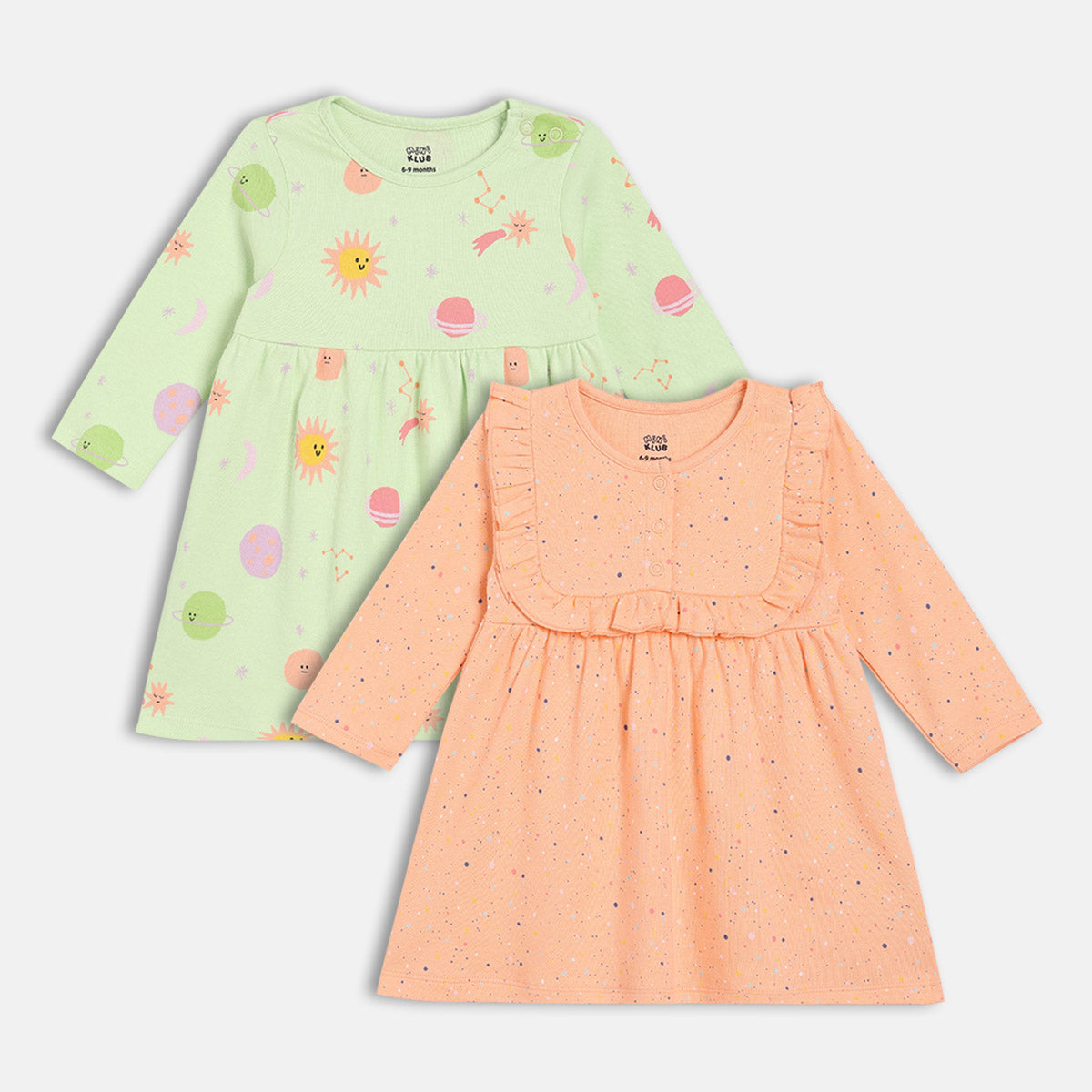 Girls Cotton Pack Of 2 Full Sleeves Sun Printed Dress - Green & Peach