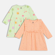 Girls Cotton Pack Of 2 Full Sleeves Sun Printed Dress - Green & Peach