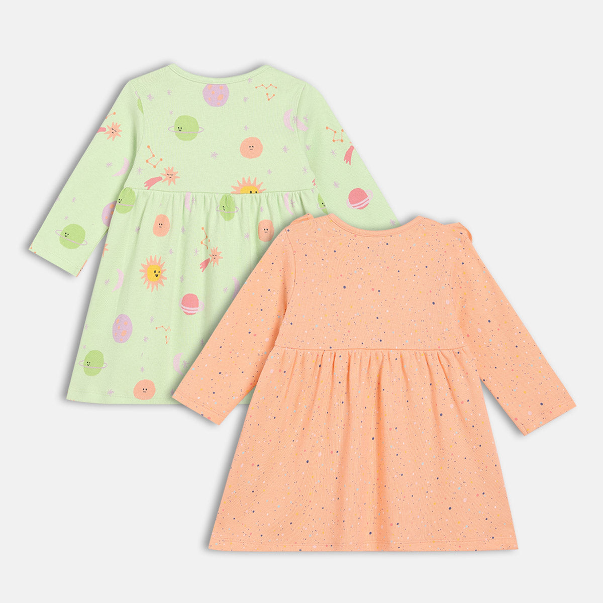 Girls Cotton Pack Of 2 Full Sleeves Sun Printed Dress - Green & Peach
