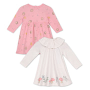 Girls Cotton Pack Of 2 Full Sleeves Animal & Floral Printed Dress - White & Pink