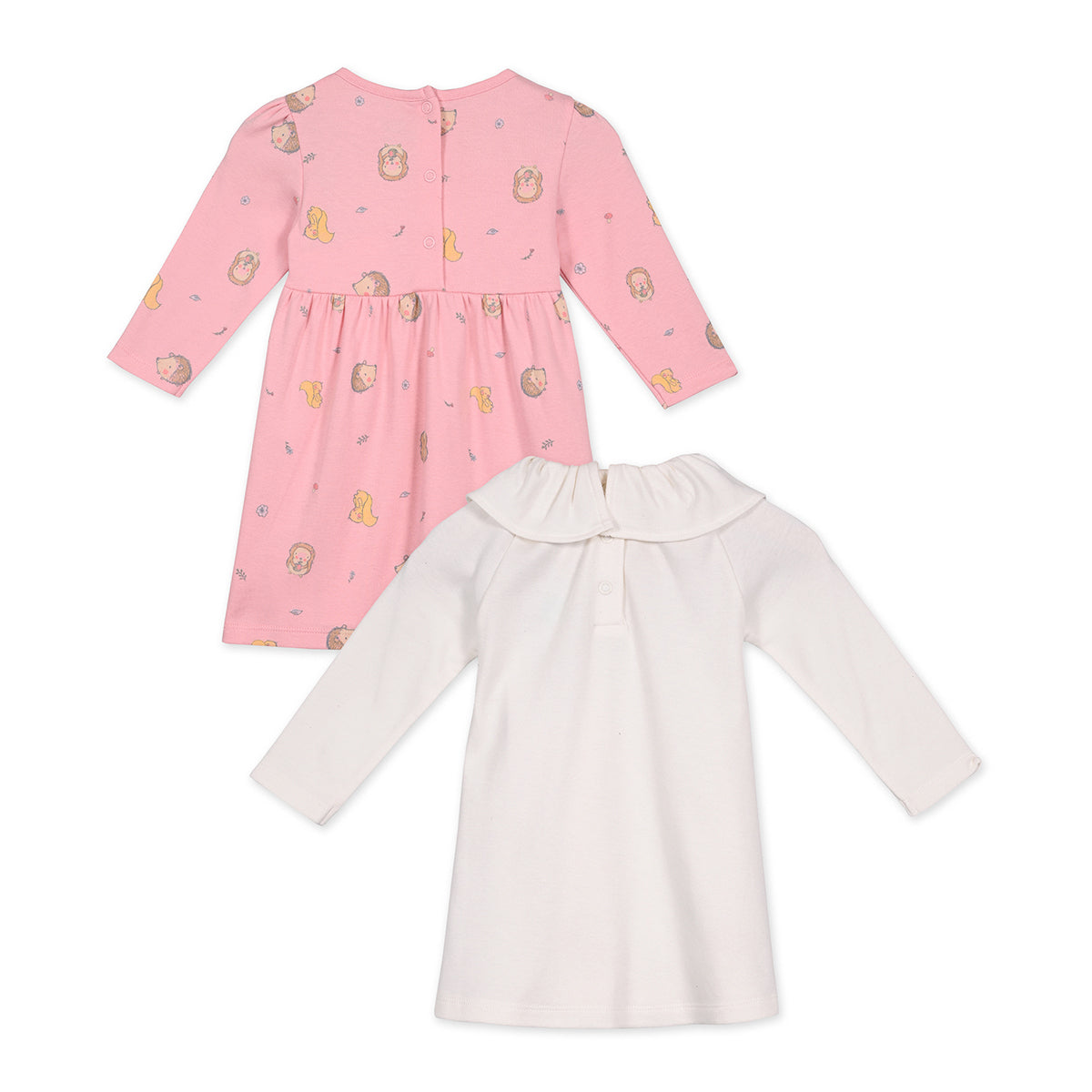 Girls Cotton Pack Of 2 Full Sleeves Animal & Floral Printed Dress - White & Pink