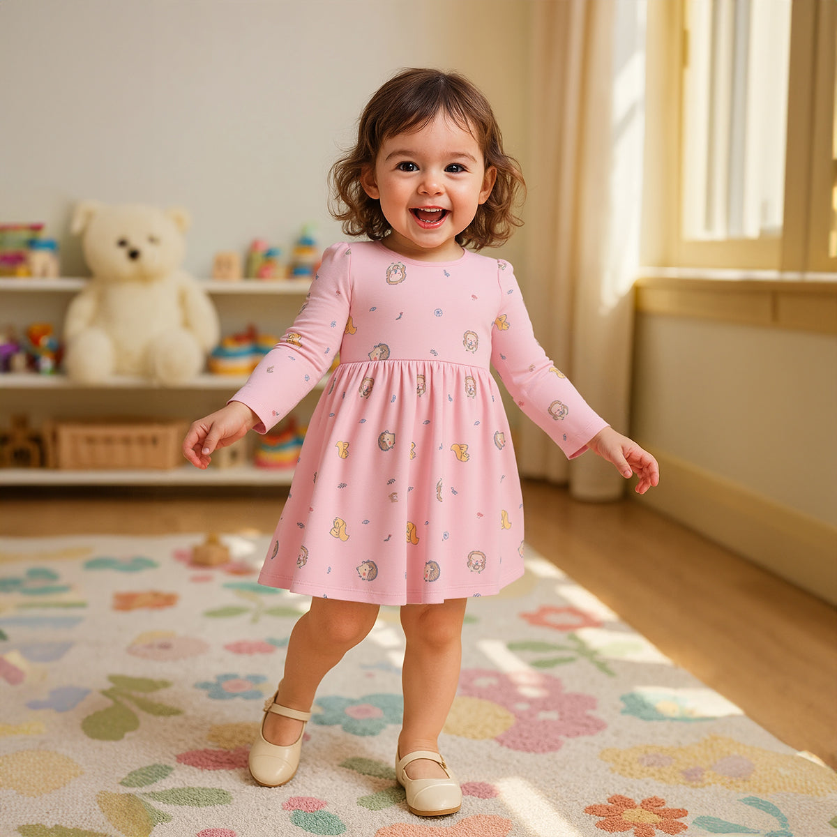 Girls Cotton Pack Of 2 Full Sleeves Animal & Floral Printed Dress - White & Pink