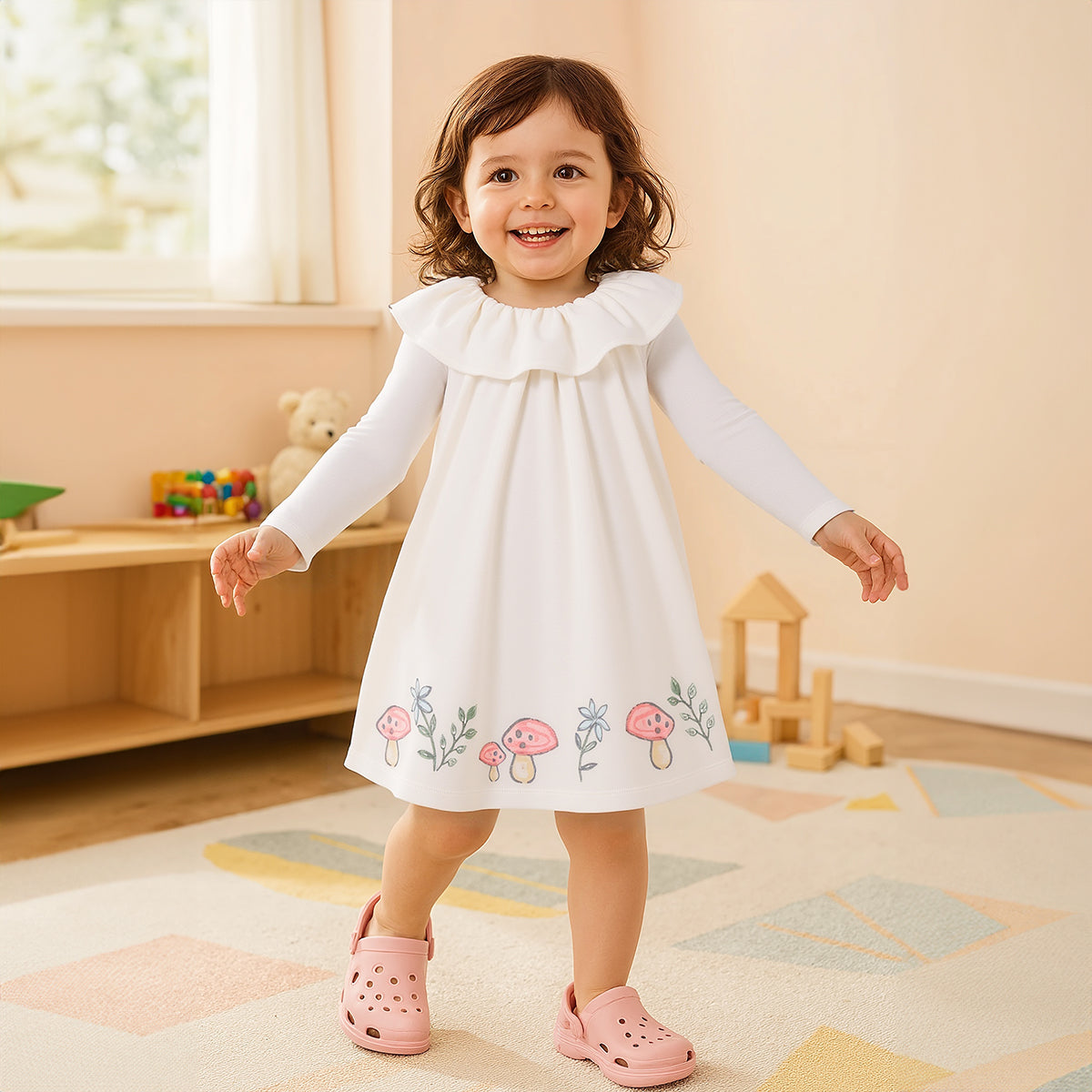 Girls Cotton Pack Of 2 Full Sleeves Animal & Floral Printed Dress - White & Pink