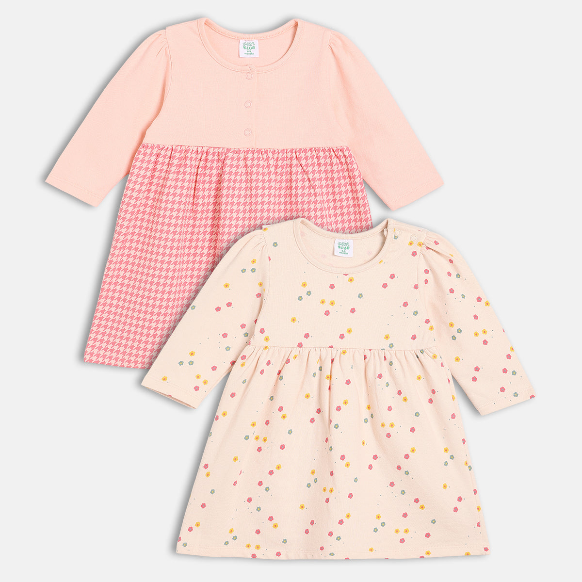 Girls Cotton Pack Of 2 Full Sleeves Geometric & Floral Printed Dress - Peach