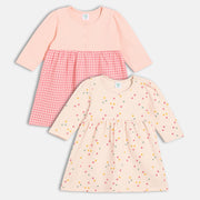 Girls Cotton Pack Of 2 Full Sleeves Geometric & Floral Printed Dress - Peach