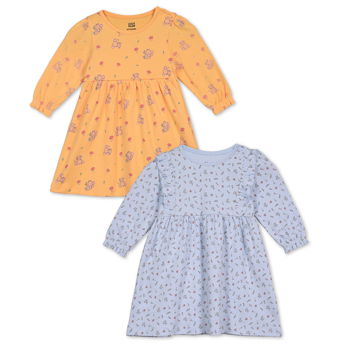 Girls Cotton Pack Of 2 Full Sleeves Animal & Floral Printed Dress - Mustard & Blue