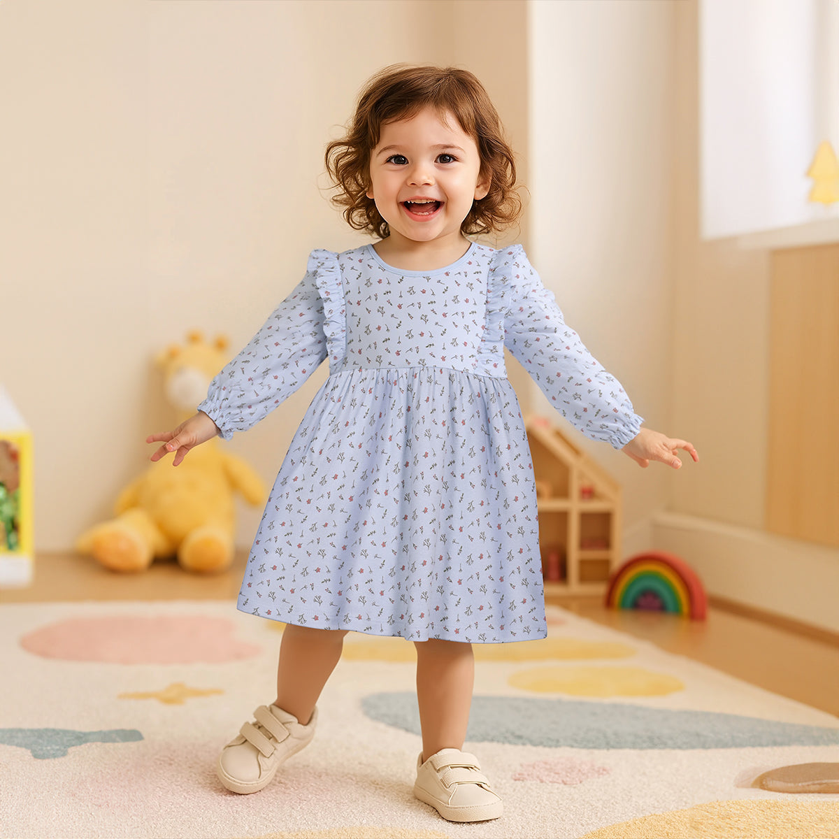 Girls Cotton Pack Of 2 Full Sleeves Animal & Floral Printed Dress - Mustard & Blue