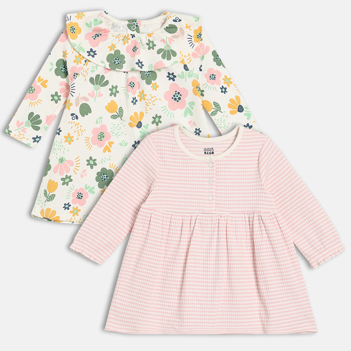 Girls Cotton Pack Of 2 Full Sleeves Floral Printed & Striped Dress - Cream & Pink