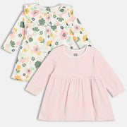 Girls Cotton Pack Of 2 Full Sleeves Floral Printed & Striped Dress - Cream & Pink