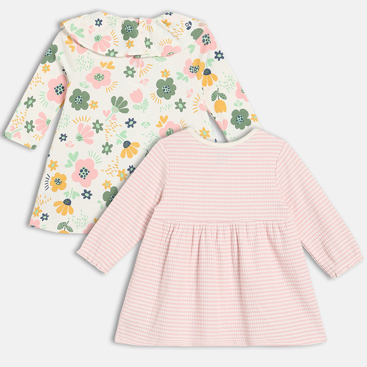 Girls Cotton Pack Of 2 Full Sleeves Floral Printed & Striped Dress - Cream & Pink