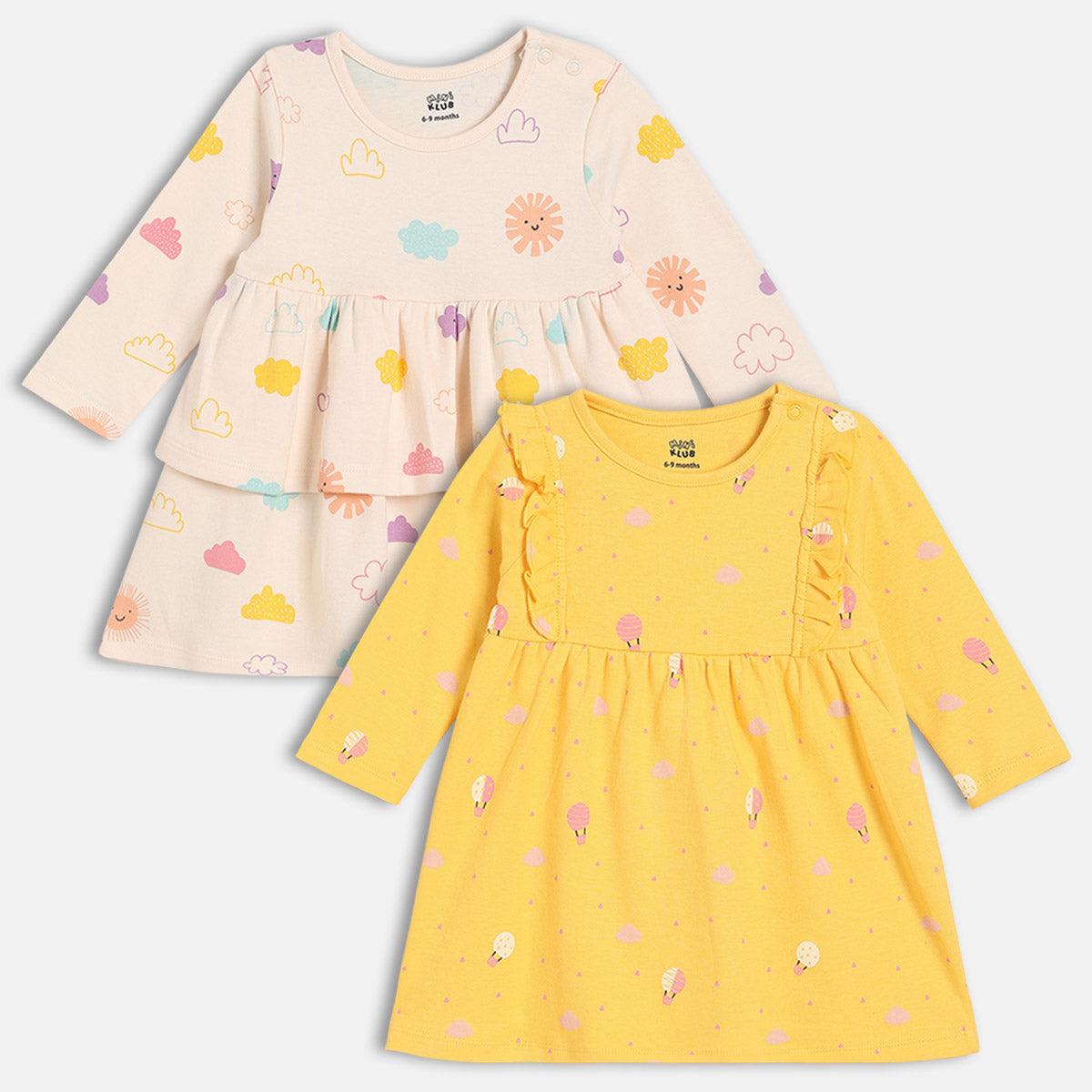 Girls Cotton Pack Of 2 Full Sleeves Floral & Hot Balloon Printed Dress - Yellow & Pink