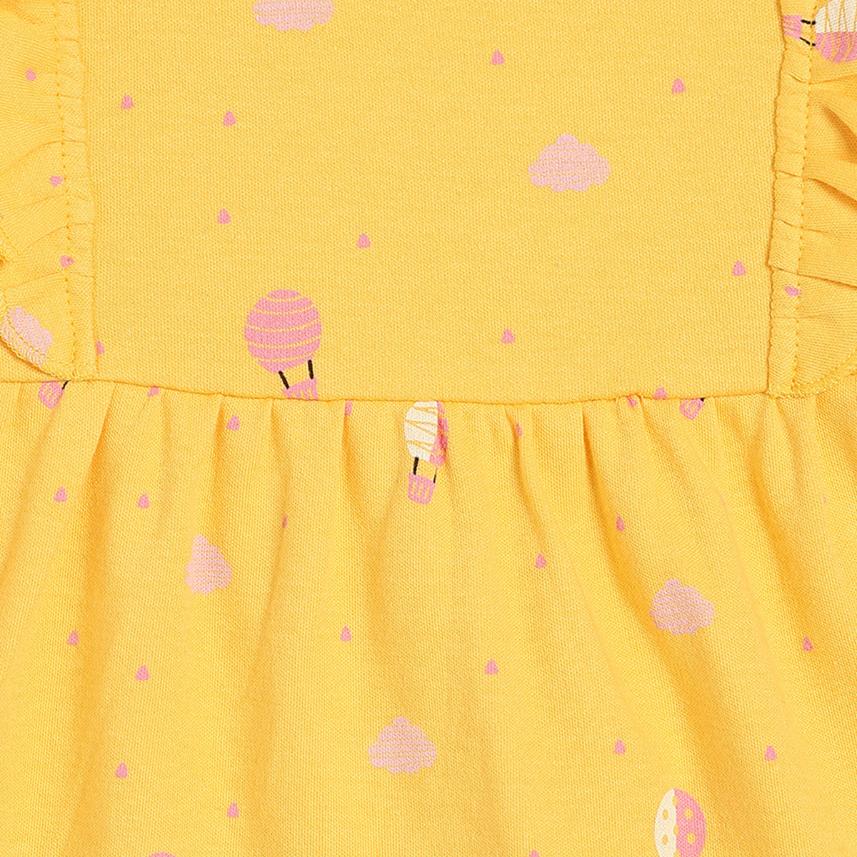 Girls Cotton Pack Of 2 Full Sleeves Floral & Hot Balloon Printed Dress - Yellow & Pink