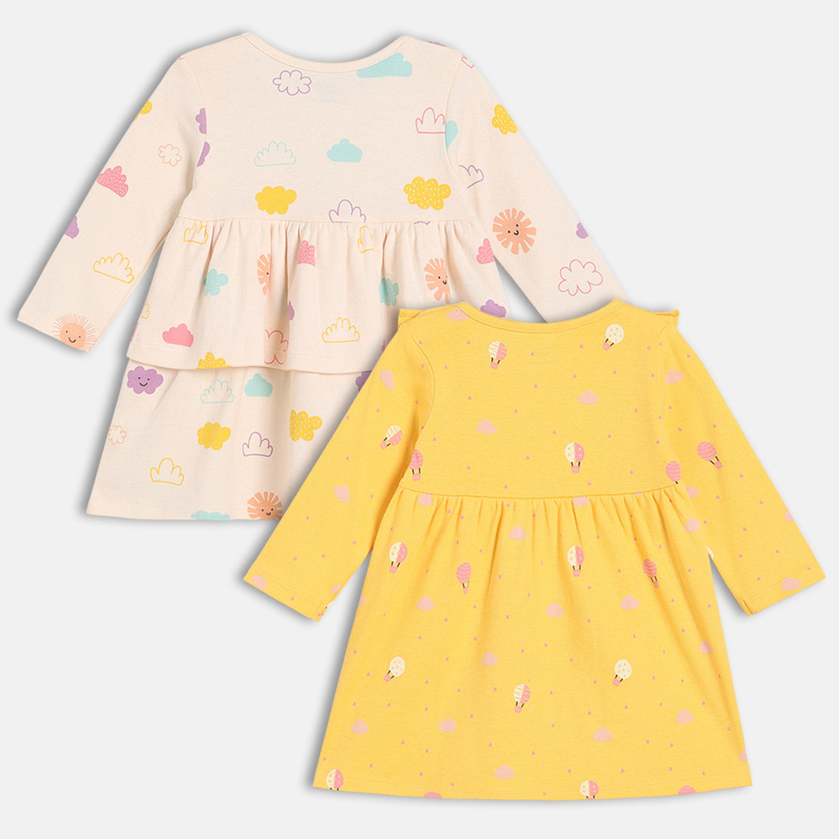 Girls Cotton Pack Of 2 Full Sleeves Floral & Hot Balloon Printed Dress - Yellow & Pink